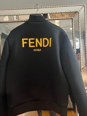 Fendi Men's Black Jacket with Yellow Leather Logo